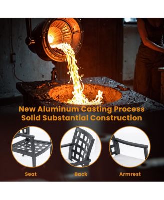 2-Piece Modern Classic Cast Aluminum Outdoor Patio Dining Chairs Textured Ember Black Lattice Backrest Sunbrella Cushion Weather Resistant