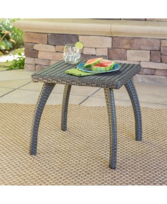 Outdoor Faux Wicker Side Table Powder Coated Iron Frame Grey Accent Table for Patio Extra Holding Space