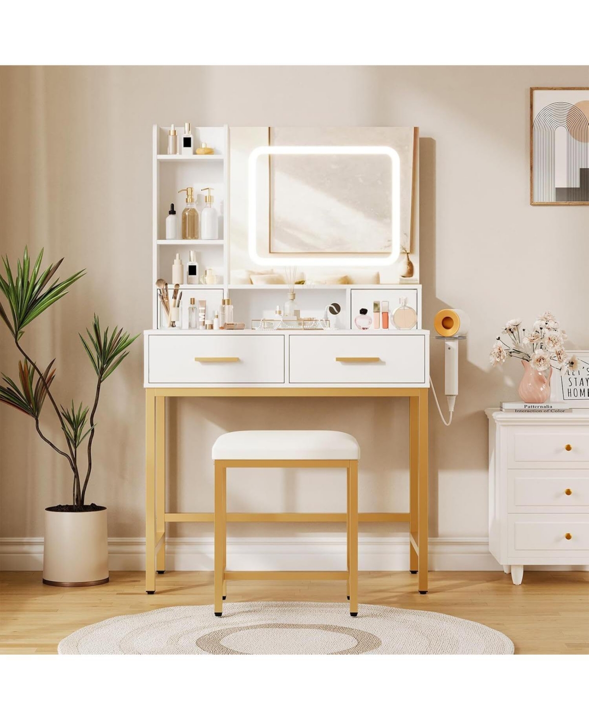 Gaomon White Lighted Mirror Vanity Desk, Multi-Purpose Makeup Table for Bedroom & Dressing Room