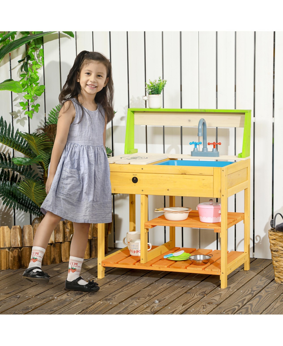 Hongge Outdoor Kids Mud Kitchen with Sink and Storage Shelves
