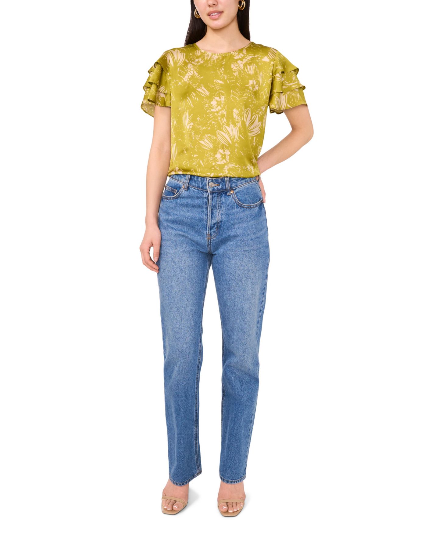 Женский топ Vince Camuto Crew Neck Ruffle-Sleeve, цвет: Зелёный — фото 2
