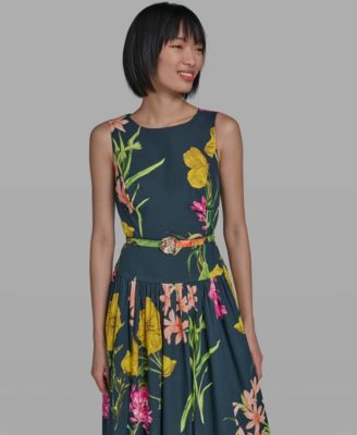 Women's Boat-Neck Belted Sleeveless Dress