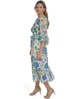 Women's V-Neck Balloon Sleeve Surplice Tiered Midi Dress