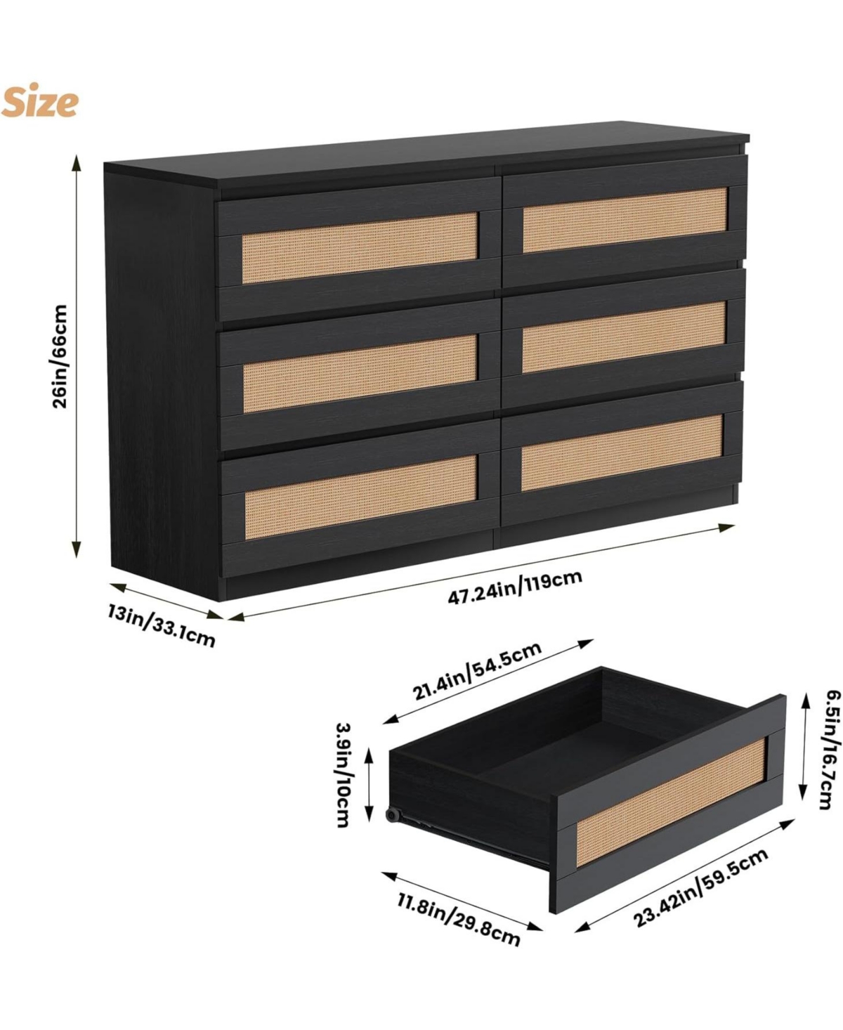 gaomon 6 Drawer Double Dresser for Bedroom, Rattan Bedroom with Smooth Mental Slide, Modern Wood Chest Living Room, Hallway,