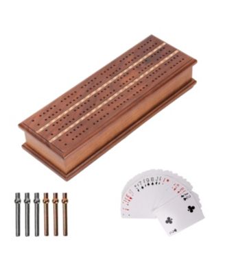 2-Track Wooden Cribbage Board Game Box with Playing Cards, Metal Pegs and Storage Drawer
