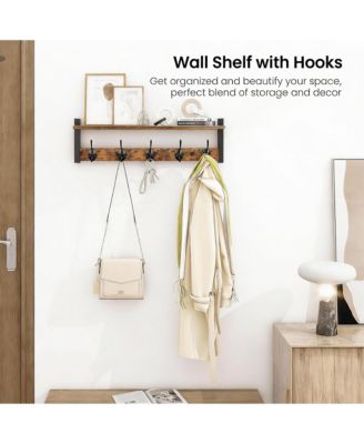 Rustic Brown & Black Wall Hook Rack with Shelf for Entryway, Hallway