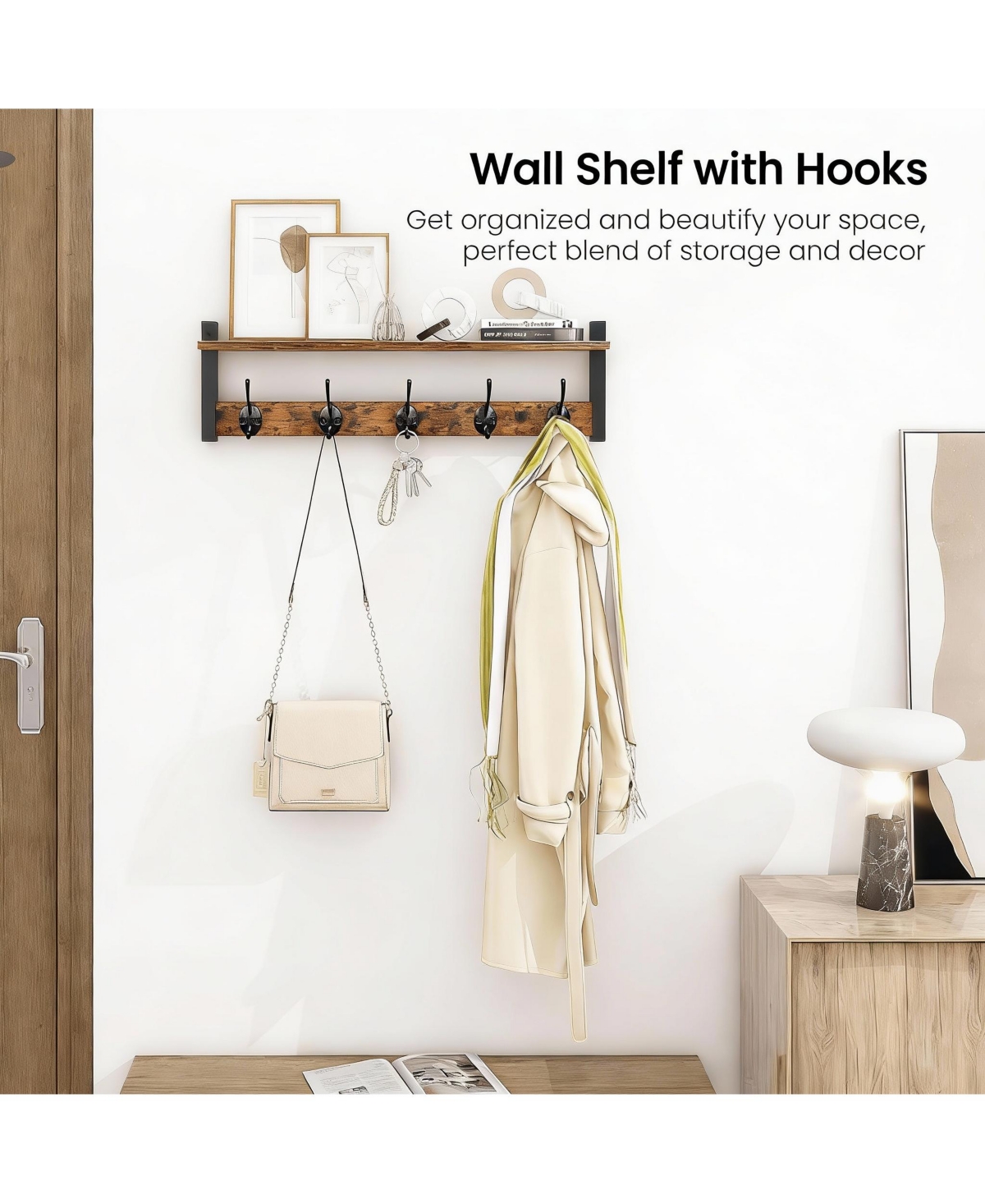 Yigii Rustic Brown & Black Wall Hook Rack with Shelf for Entryway, Hallway