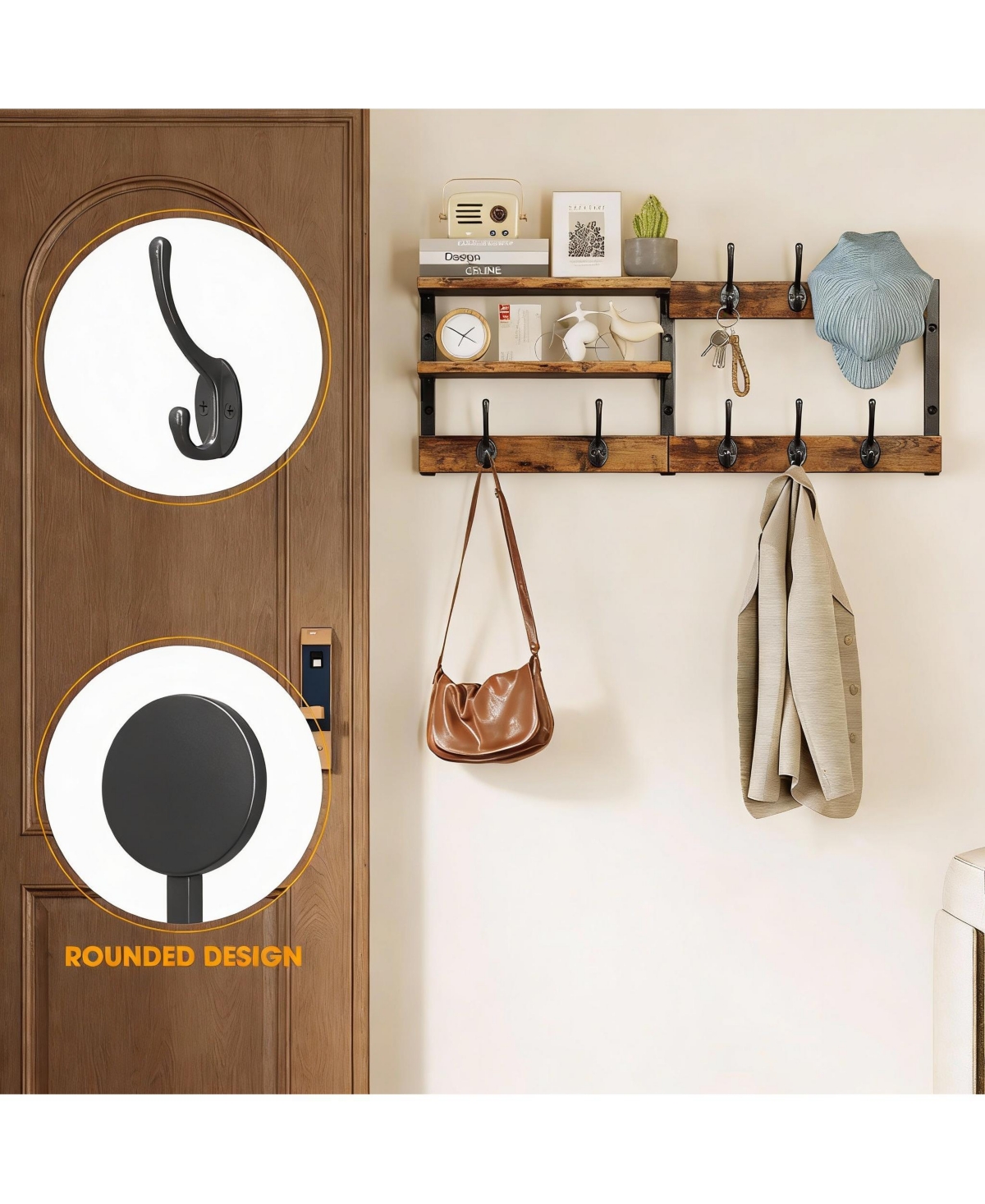 Yigii 28.7" Wall Mounted Coat Rack with 6 Hooks & 2 Shelves, Rustic Brown