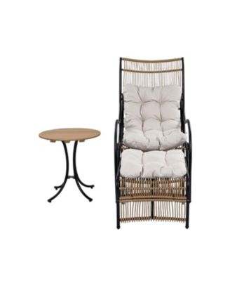 3 Piece Black Natural Beige Wicker Outdoor Patio Furniture Set with Lounge Chair Side Table Ottoman and Cushions for Garden Deck Porch