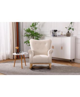 Modern High Back Nursery Rocking Chair Comfortable Fabric Padded Seat Armchair with Warm Wood Color Curved Legs for Baby Room Reading Corner