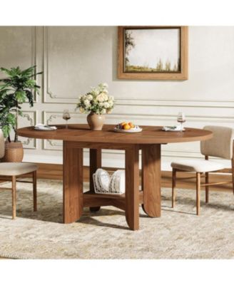 59-Inch Round Dining Table for 4-6, Modern Oval Kitchen Table with Storage Shelf for Dining Room, Living Room, Walnut