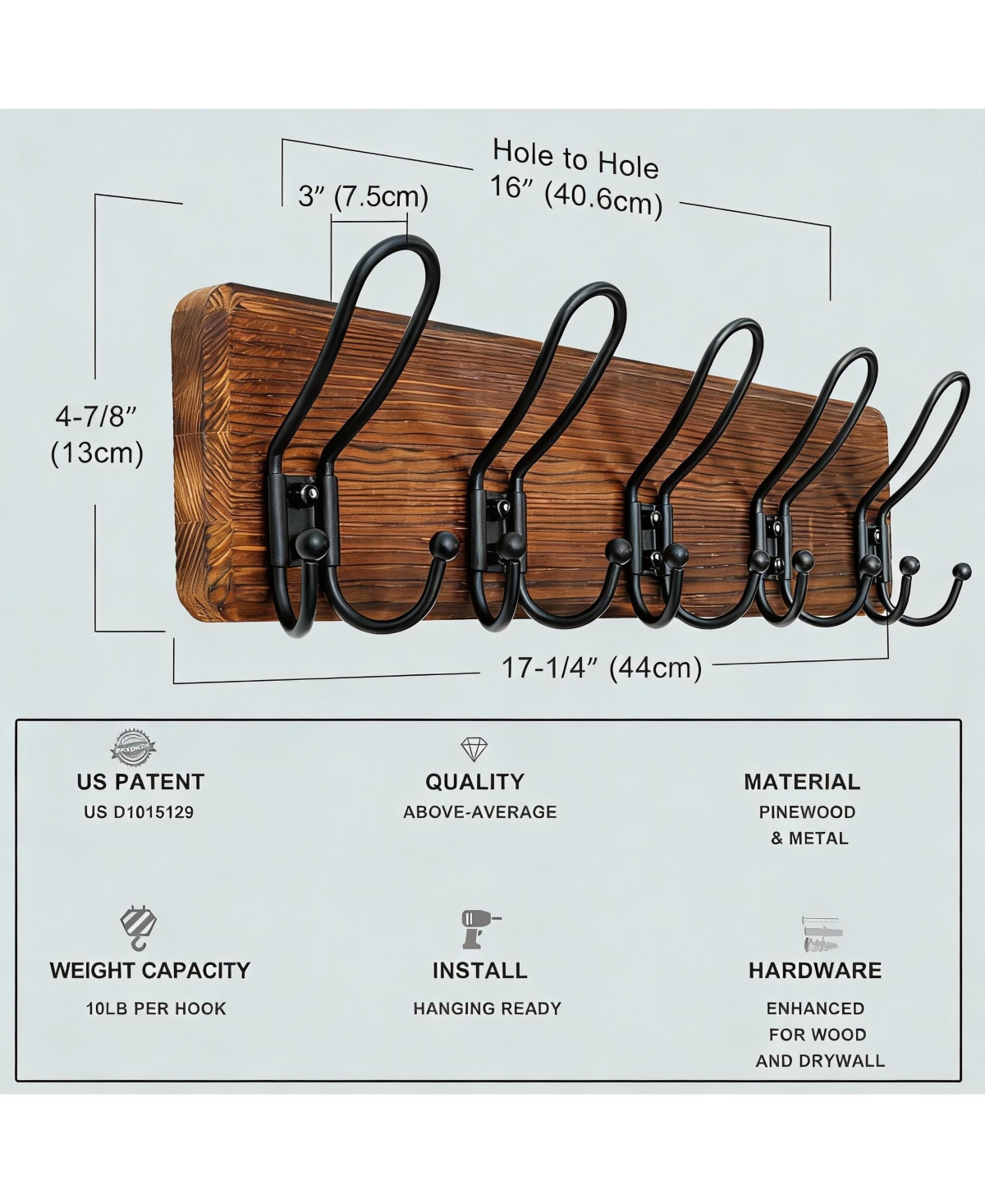 Heavy Duty Rustic Wall Coat Rack with 5 Hooks, Weathered