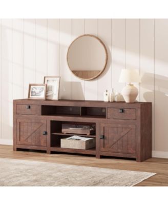 Farmhouse TV Stand for 75/80 Inch TVs, 70" Long Entertainment Center with 4 Storage Drawers & 3 Open Shelf