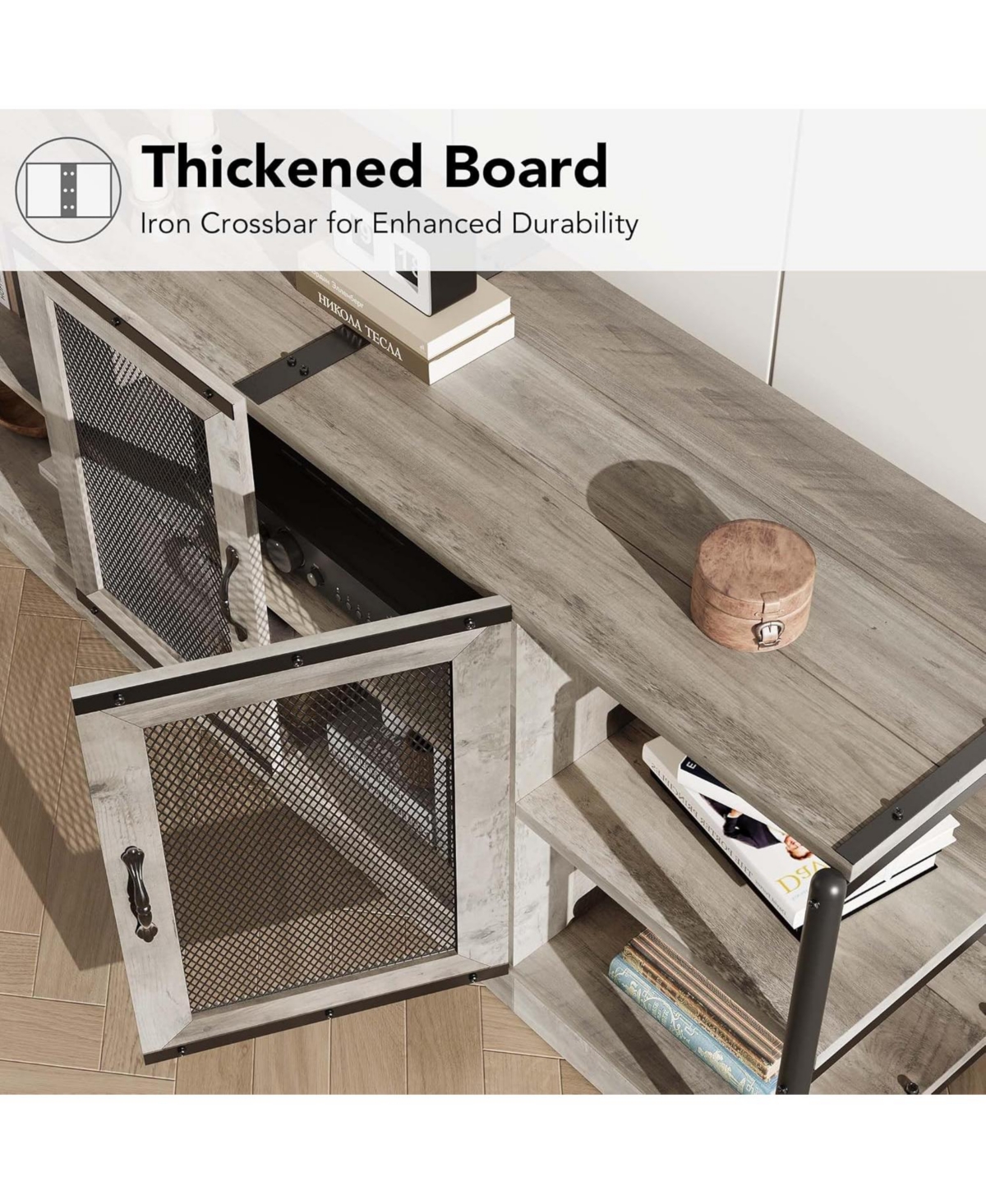 Gaomon Farmhouse Tv Stand for 75/80 inches TVs, Entertainment Center with Storage Cabinet and Mesh Doors, Grey