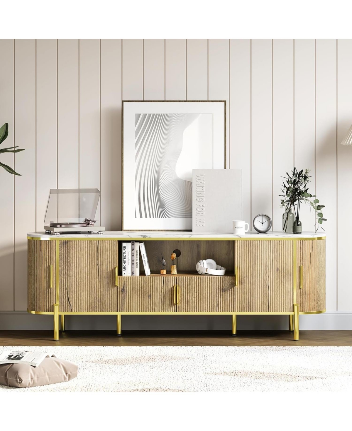 gaomon Luxury 70 in Fluted Tv Stand with Faux Marble Top, Entertainment Center for TVs Up to 80 in