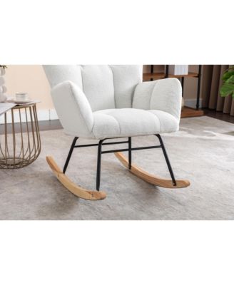 Ivory Teddy Fabric Nursery Rocking Glider Chair with Wooden Frame Metal Base Rocking Legs 250 LBS Capacity for Living Room Bedroom