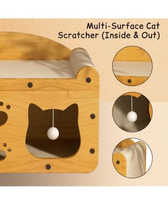 Multi-Functional Wooden Cat Bed with Scratching Pad & Interactive Toys