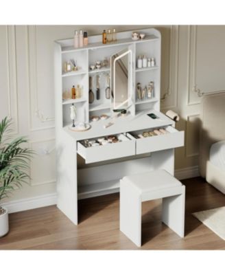 White Lighted Vanity Desk with USB Ports, Convenient Makeup Table for Bedroom Spaces