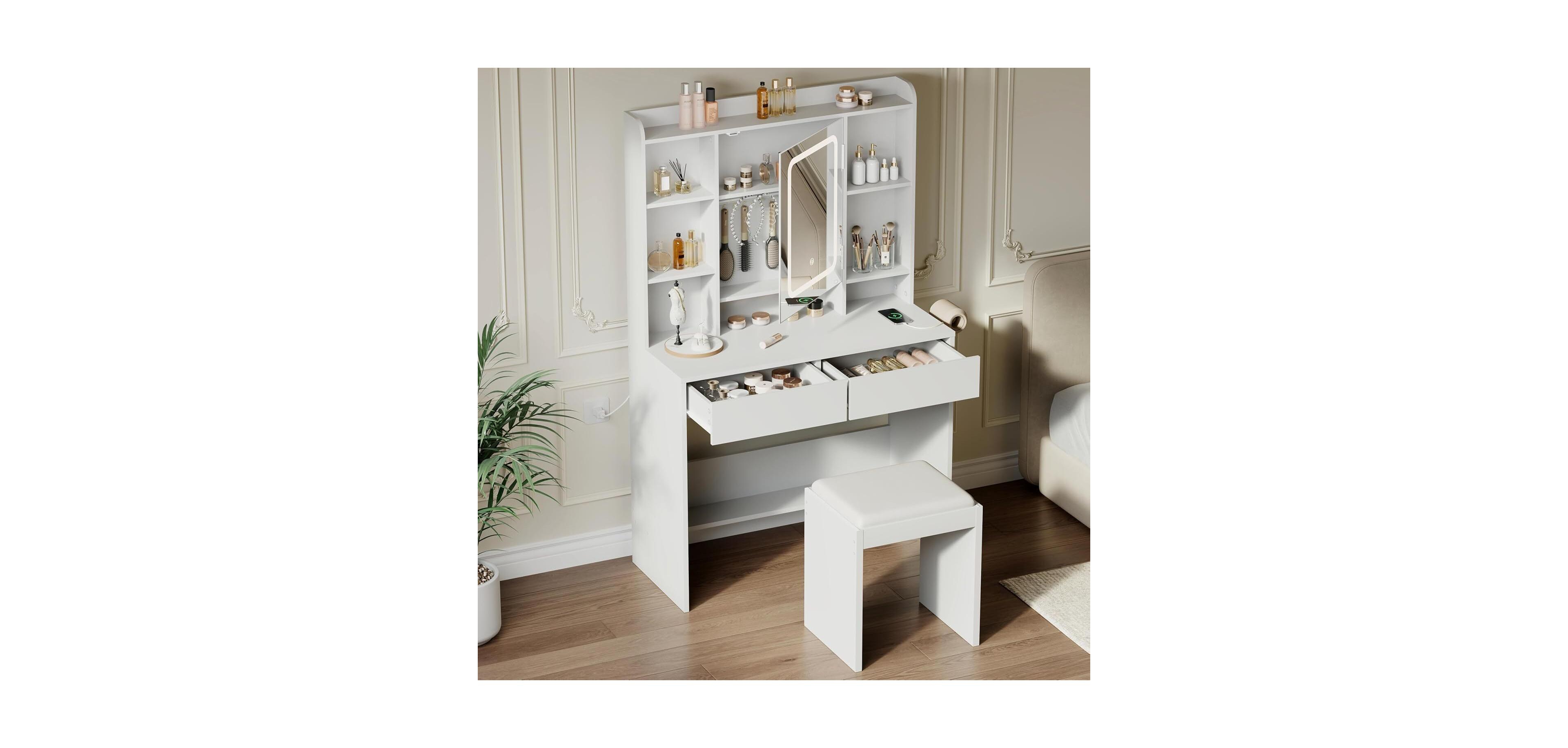 Gaomon White Lighted Vanity Desk with Usb Ports, Convenient Makeup Table for Bedroom Spaces