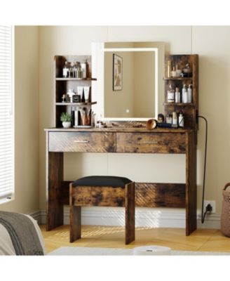 2-Drawer 6-Shelf Vanity Desk, Lighted Mirror Makeup Table for Bedroom