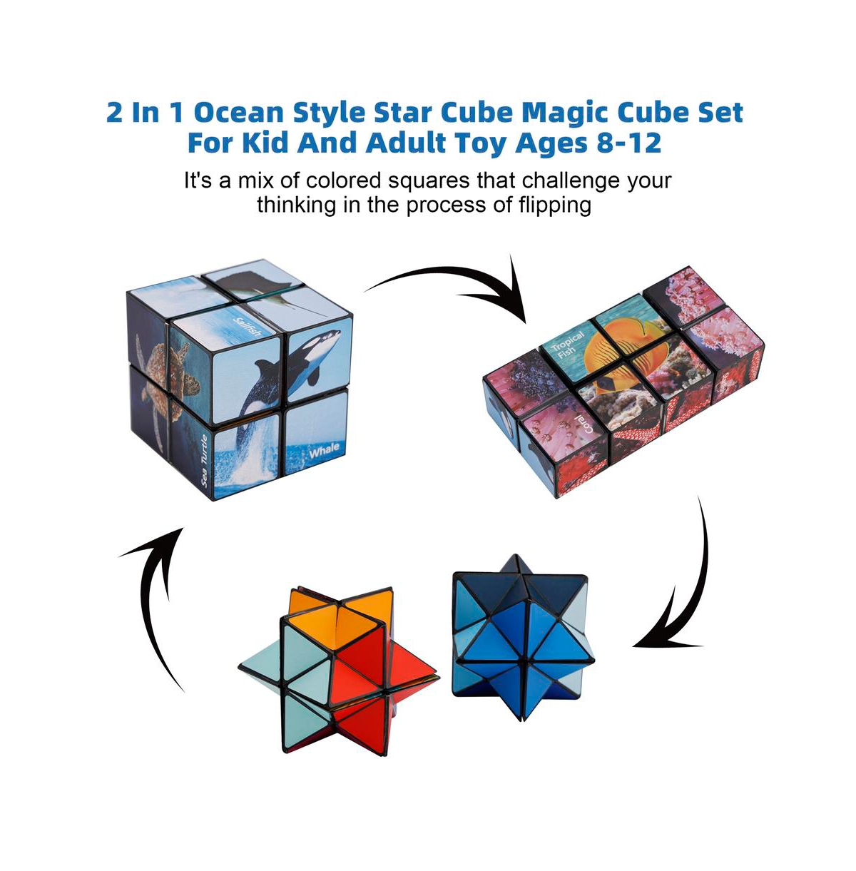 Bruce & Shark 2-in-1 Ocean Split Magic Cube, Transformable Fidget Toy, Morphs into Star & More
