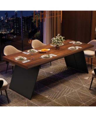 79" Long Dining Table for 6, Modern Narrow Rectangular Kitchen Table with Walnut Wooden Top & Black Metal Base