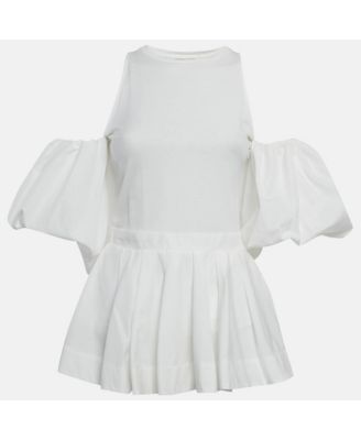 Women's White Cotton Balloon Sleeve Open Shoulder Top