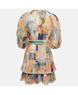 Women's Multicolour Floral Print Linen Ruffle Hem Mini Dress