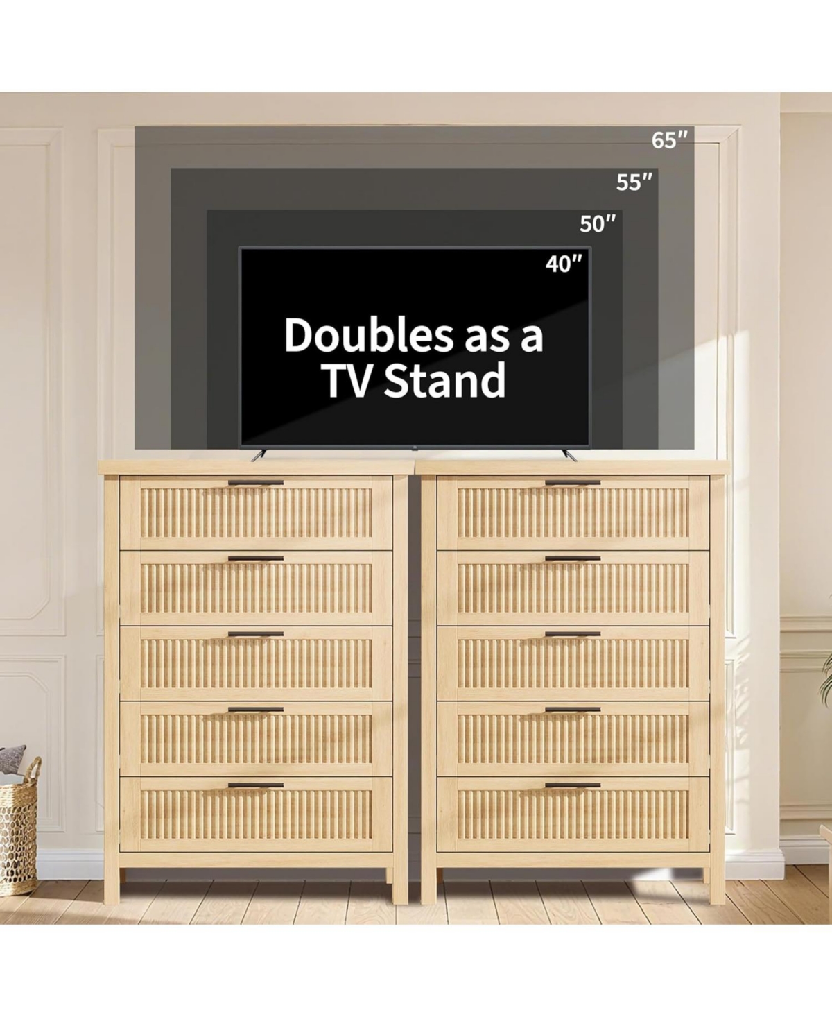 gaomon Fluted Dresser for Bedroom with 5 Drawers, 42.9 in Tall Chest of Large Drawers with Large Clothes Storage Cabinet, Wood Dresser, Tv Stand