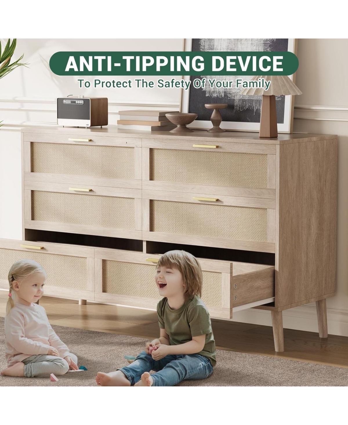 gaomon 6 Drawer Rattan Dresser, 47.2'' x 15.7'' x 29.5'' Rattan Chest of Dressers, Mid Century Modern Dresser for Closet with Handles