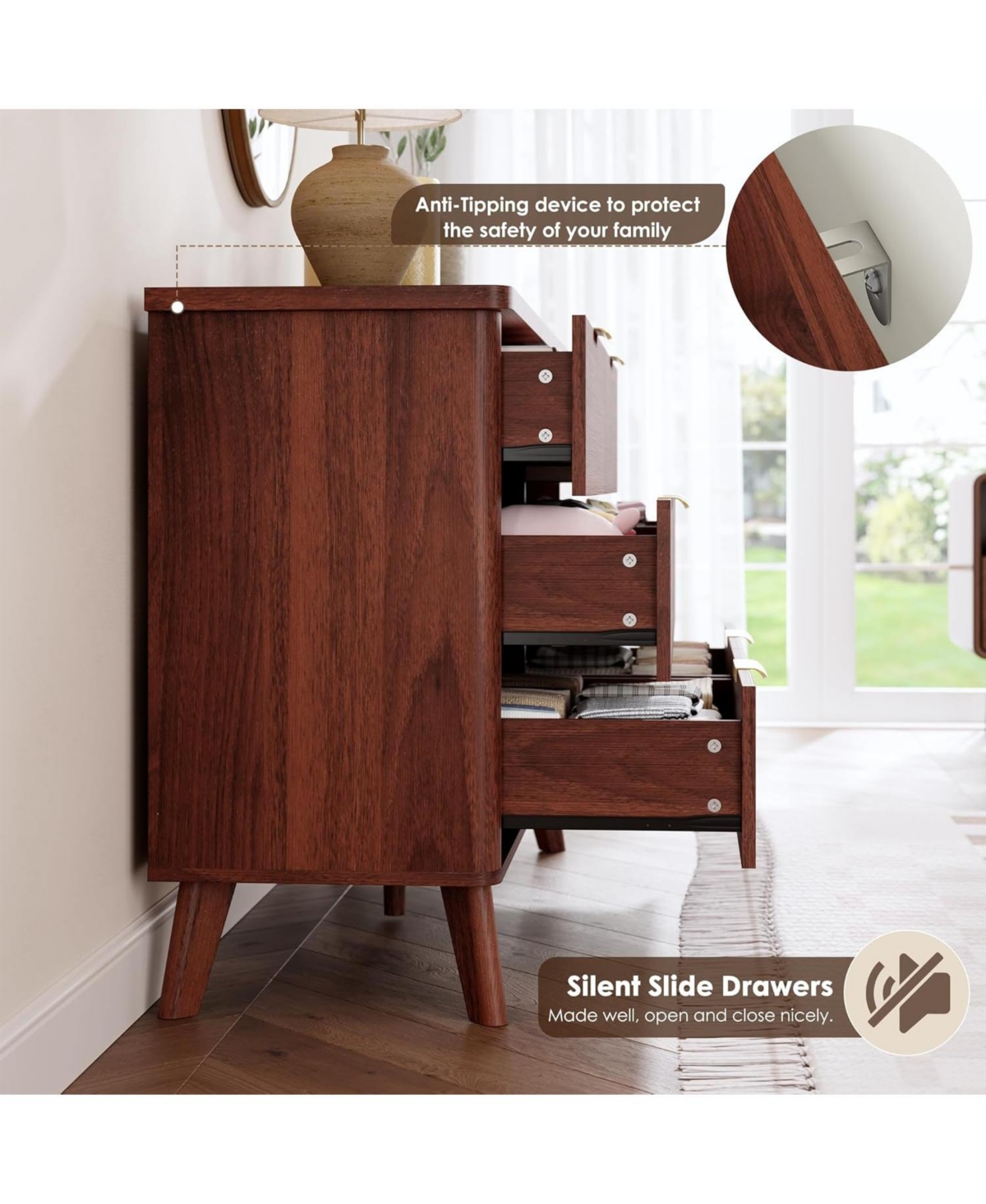 Gaomon 47.2" Fluted Dresser with 6 Deep Drawers and Faux Marble Top, Curved Profile Design, Modern Wooden Chest for Bedroom