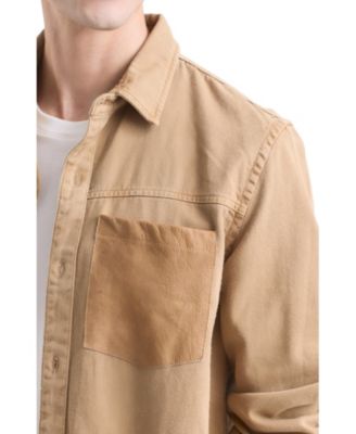 Men's Long-Sleeve Cotton Overshirt With Leather Pocket