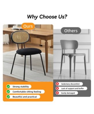 Set of 2 Mid Century Rattan Dining Chairs, Velvet Upholstered Seat Kitchen Chairs with Sturdy Metal Legs