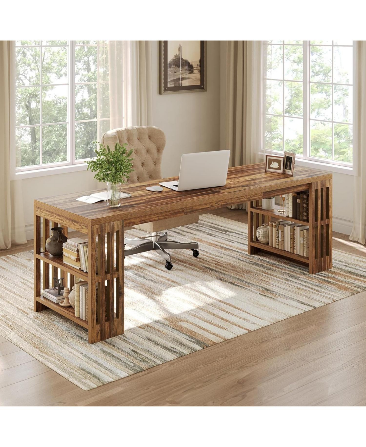 Tribesigns 78.7" Long Desk, 2 Person Desk with Shelves, Large Wooden Computer Desk, Heavy Duty Shelf Legs Design