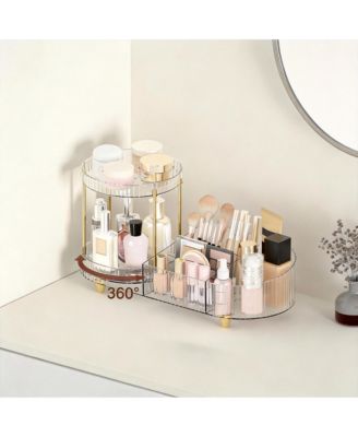360 Silent Rotating Makeup Organizer: 2 Perfume Trays, 5 Compartments, Multi-Use