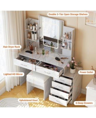 6-Drawer Vanity Table with Lighted Mirror, Spacious Makeup Dressing Desk for Bedroom
