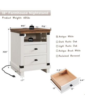 1PC 18 Inch Antique Farmhouse Nightstand, 2-Drawer Rustic Bedside Table with Charging Station