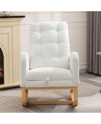 High Back Accent Rocking Chair with Footrest Rubber Wood Legs Side Storage Pocket for Bedroom Living Room Nursery