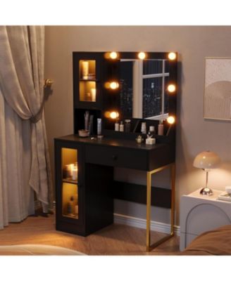 LED Lighted Vanity Desk, Makeup Table with Built-in Power and USB Charging Ports