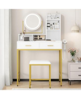 White 2-Drawer Lighted Vanity Set, Versatile Makeup Desk for Bedroom & Dressing Room