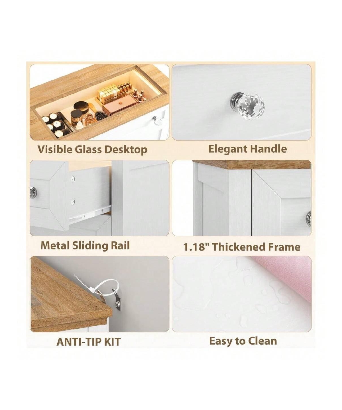 gaomon White 4-Drawer Led Nightstand Dresser, Visible Glass Top Bedside Cabinet with Night Light for Bedroom