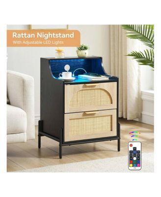 Rattan Nightstand with Charging Station & LED Lights, 2-Drawer Storage Bedside End Table for Bedroom