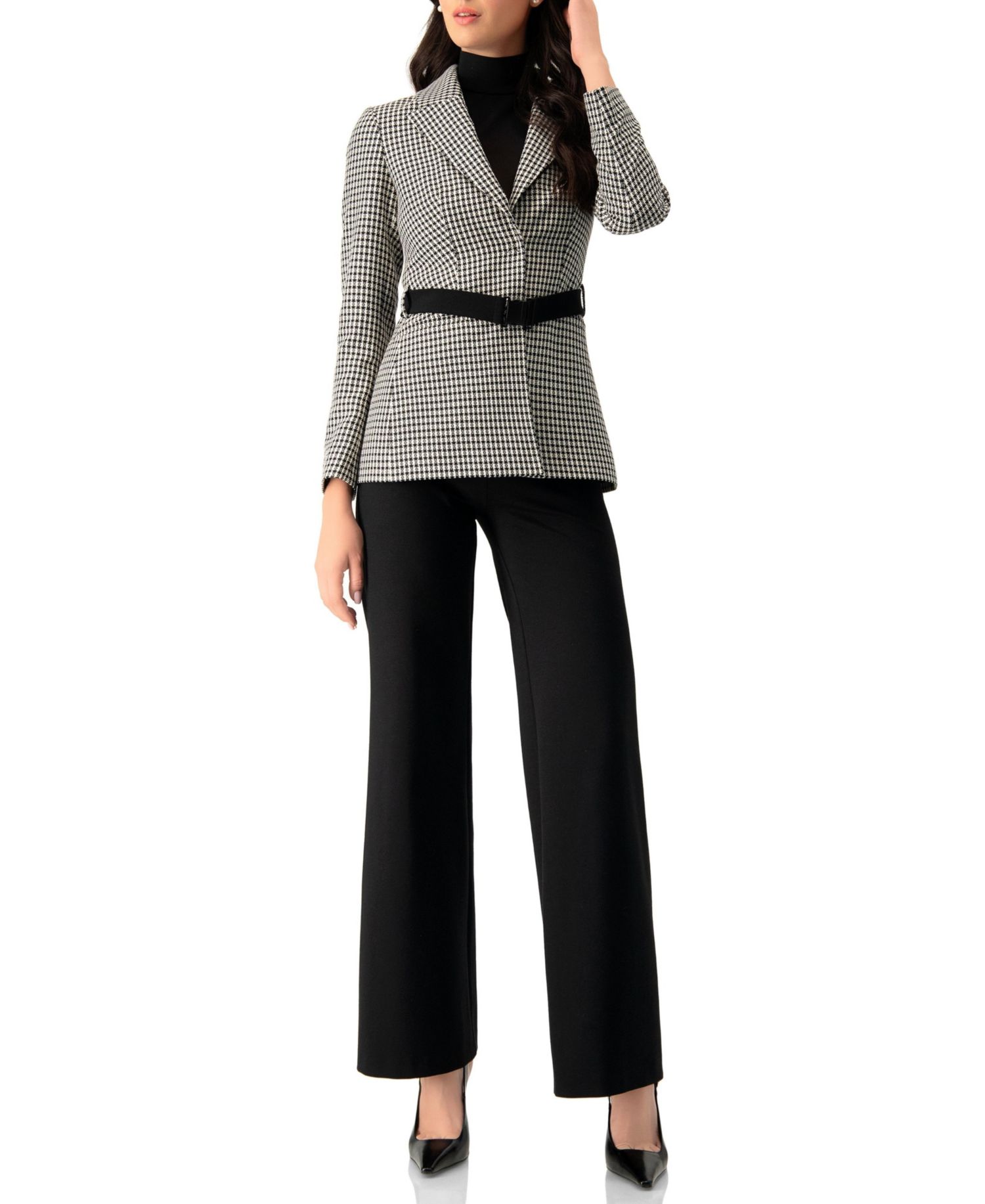 Women's Belted Checkered with Pockets Blazer