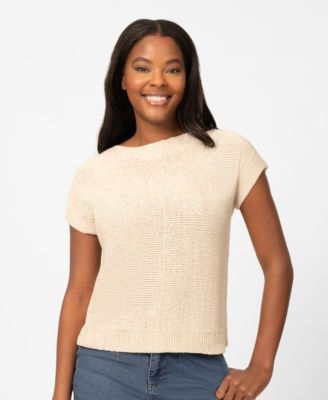 Petite Buttoned-Back Dolman-Sleeve Tape Yarn Sweater