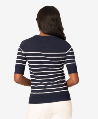 Petite Striped Crew-Neck Elbow-Sleeve Sweater
