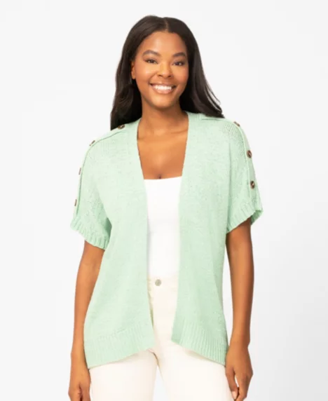Petite Button Shoulder Flyaway Cardigan Sweater - Ocean Wave