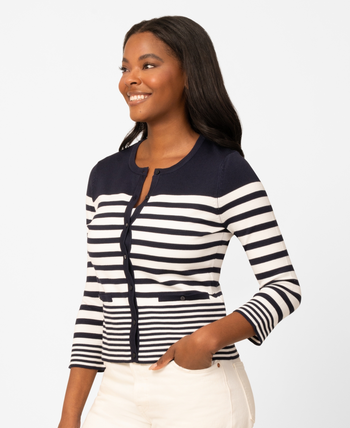 Melissa Paige Petite Mixed Stripe Button Crewneck Cardigan Sweater