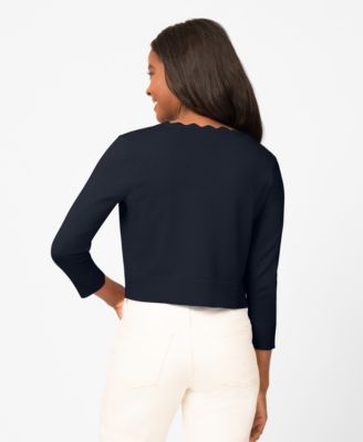 Women's 3/4-Sleeve Scalloped Cropped Cardigan Sweater