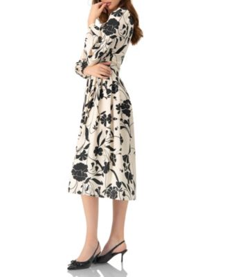 Women's V-Neck Midi Dress with Long Sleeves