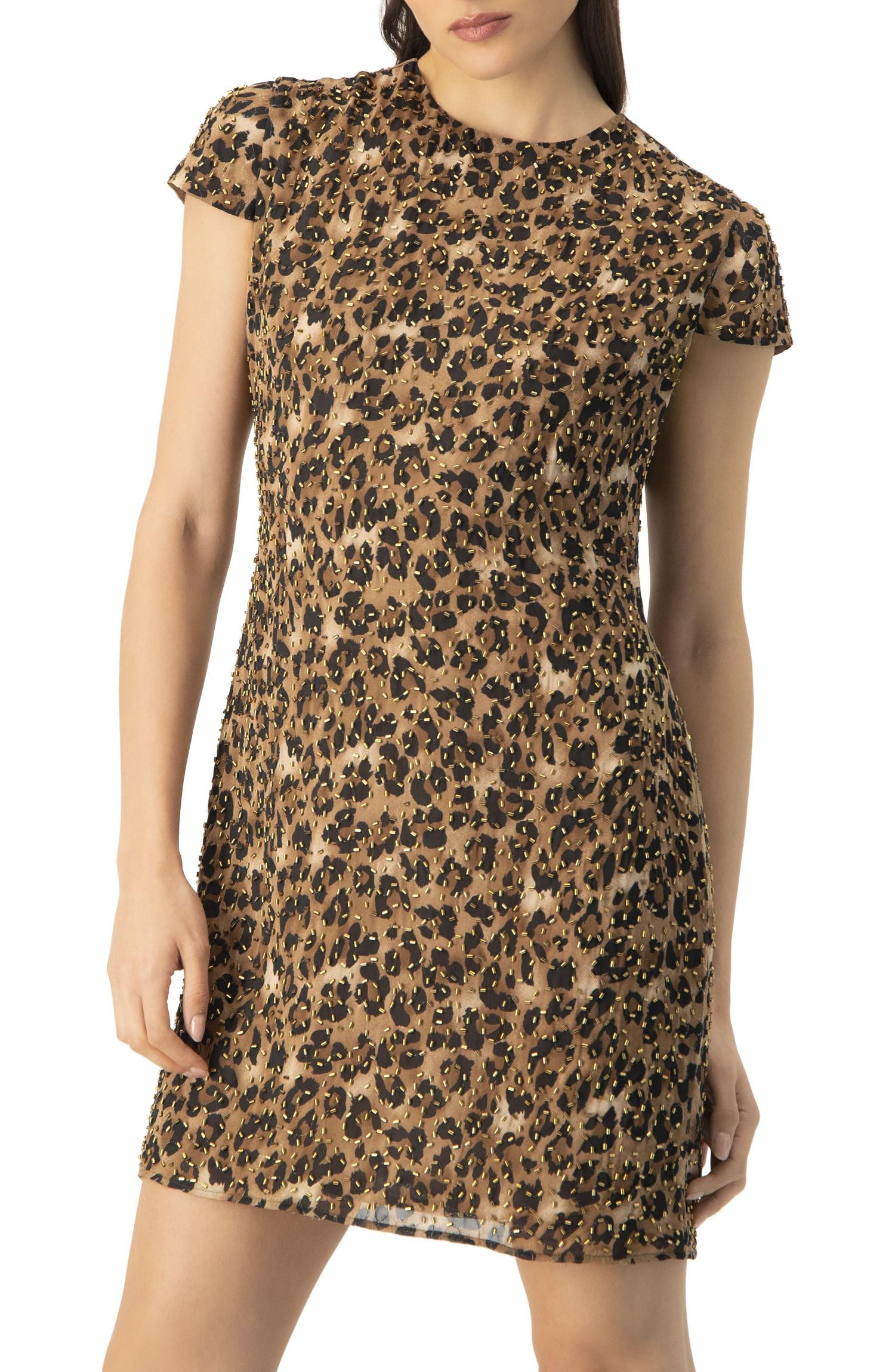 Women's Short Beaded Cap Sleeve Dress with Round Neck